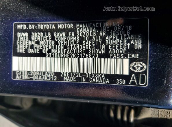 2T1BURHE2KC176820 2019 TOYOTA COROLLA Black VIN sticker view