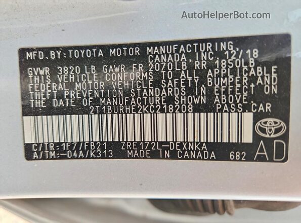 2T1BURHE2KC218208 2019 TOYOTA COROLLA Silver VIN կոդի պիտակի տեսք