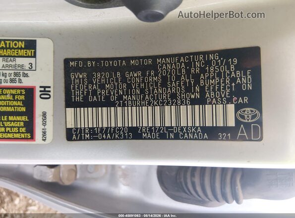 2T1BURHE2KC232836 2019 TOYOTA COROLLA Silver Widok komory silnika