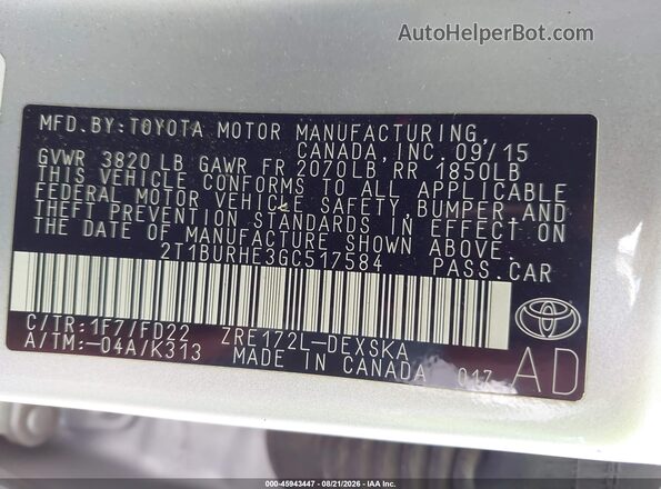 2T1BURHE3GC517584 2016 TOYOTA COROLLA Silver Vista del compartimento del motor