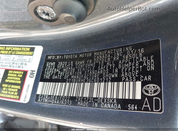 2T1BURHE3GC601212 2016 TOYOTA COROLLA Blue Vista del compartimento del motor