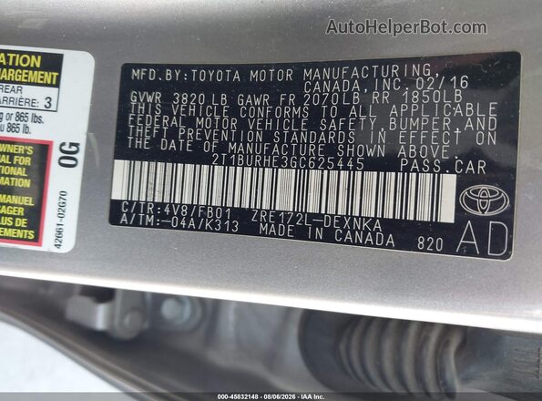 2T1BURHE3GC625445 2016 TOYOTA COROLLA Silver Engine compartment view
