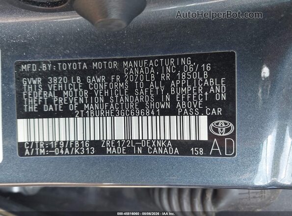 2T1BURHE3GC696841 2016 TOYOTA COROLLA Black Engine compartment view