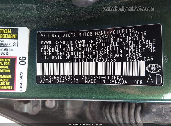 2T1BURHE3GC703755 2016 TOYOTA COROLLA Зеленый Вид подкапотного пространства