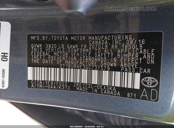 2T1BURHE3GC737579 2016 TOYOTA COROLLA Gray Vista del compartimento del motor