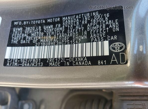 2T1BURHE3HC751547 2017 TOYOTA COROLLA Gray Engine compartment view