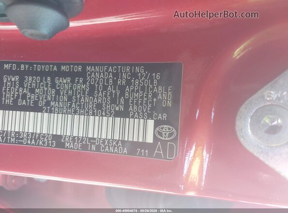 2T1BURHE3HC810452 2017 TOYOTA COROLLA Red Widok komory silnika