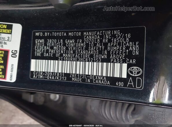 2T1BURHE3HC812153 2017 TOYOTA COROLLA Black Widok komory silnika