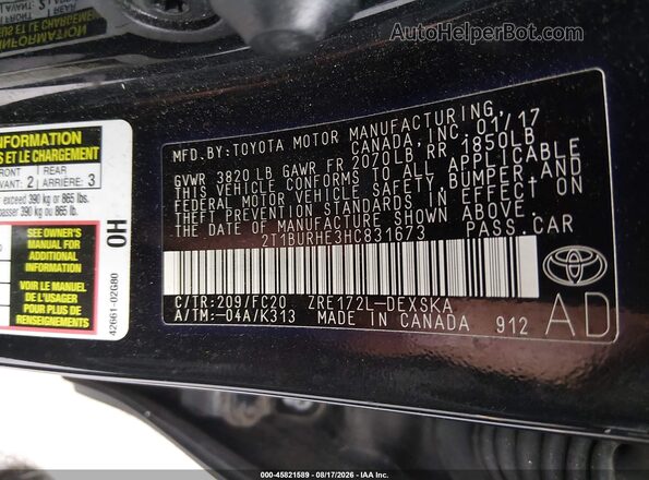 2T1BURHE3HC831673 2017 TOYOTA COROLLA Black Вид підкапотного простору