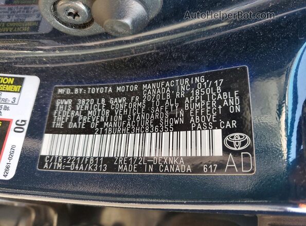 2T1BURHE3HC836355 2017 TOYOTA COROLLA Black Widok komory silnika
