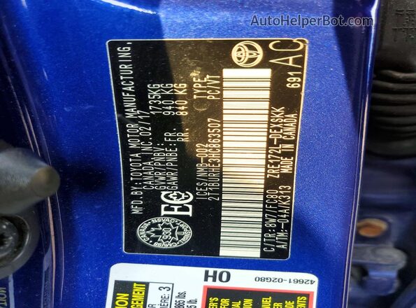2T1BURHE3HC863507 2017 TOYOTA COROLLA Blue Вид наклейки з VIN-кодом