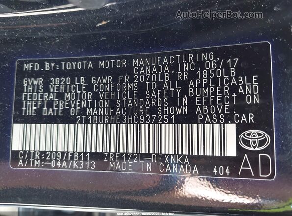 2T1BURHE3HC937251 2017 TOYOTA COROLLA Black Вид підкапотного простору