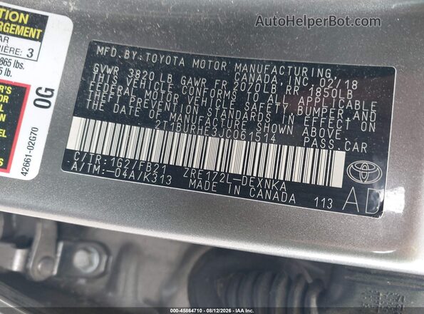 2T1BURHE3JC061514 2018 TOYOTA COROLLA Gray Engine compartment view