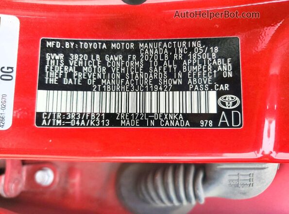 2T1BURHE3JC119427 2018 TOYOTA COROLLA Red ძრავის განყოფილების ხედი