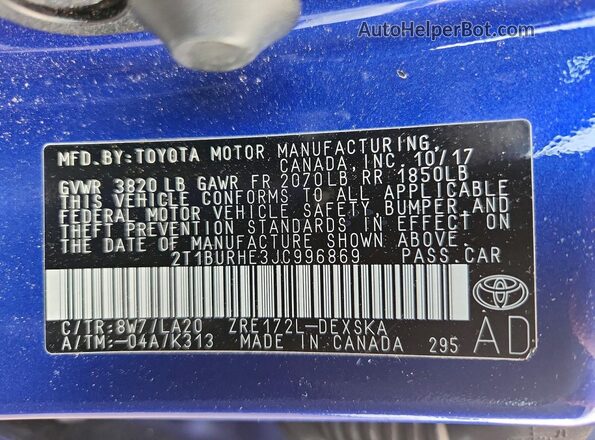 2T1BURHE3JC996869 2018 TOYOTA COROLLA Синий Вид подкапотного пространства