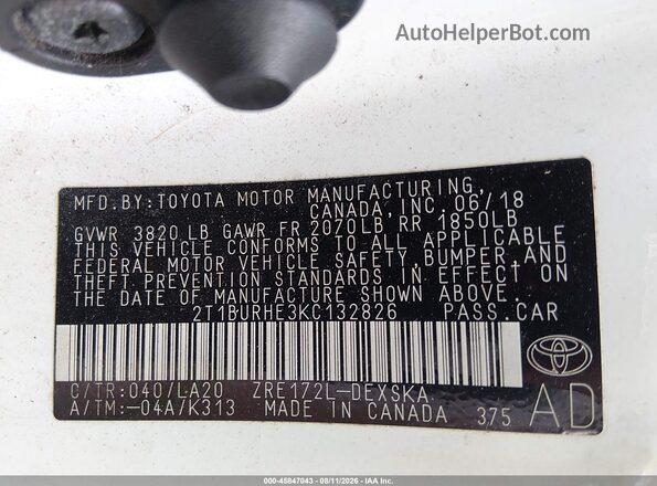 2T1BURHE3KC132826 2019 TOYOTA COROLLA White Engine compartment view