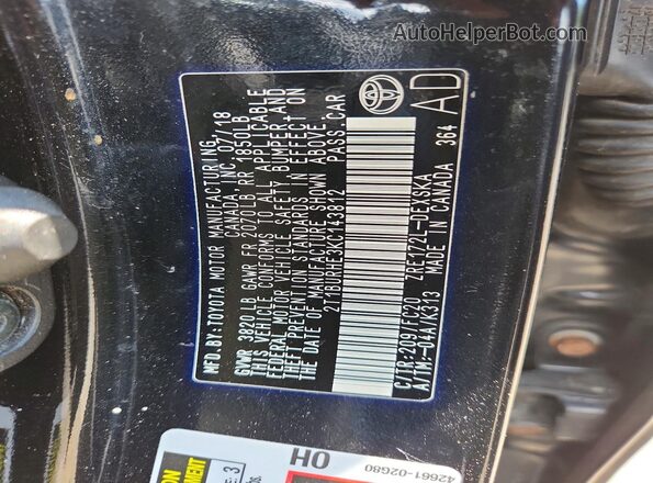 2T1BURHE3KC143812 2019 TOYOTA COROLLA Black ძრავის განყოფილების ხედი