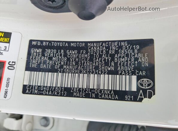 2T1BURHE3KC231422 2019 TOYOTA COROLLA White Շարժիչի բաժամունքի տեսք
