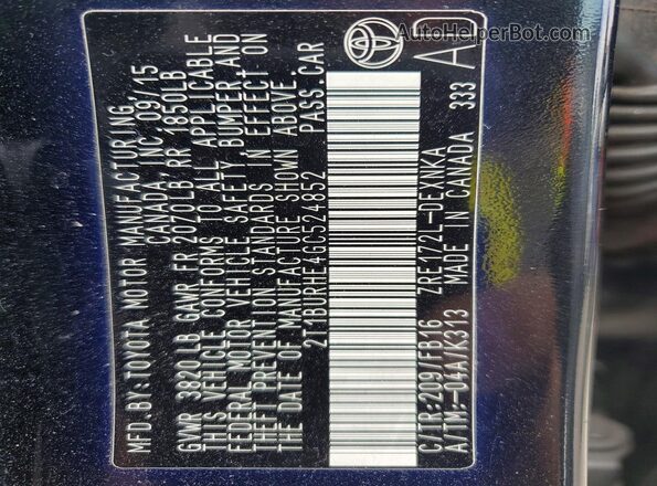 2T1BURHE4GC524852 2016 TOYOTA COROLLA Black VIN sticker view