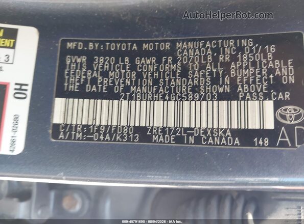 2T1BURHE4GC589703 2016 TOYOTA COROLLA Gray ძრავის განყოფილების ხედი