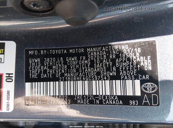 2T1BURHE4GC597543 2016 TOYOTA COROLLA Gray Engine compartment view