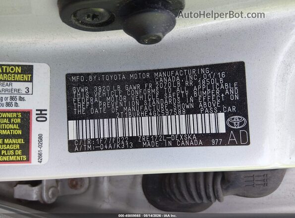 2T1BURHE4GC597588 2016 TOYOTA COROLLA Silver Vista del compartimento del motor