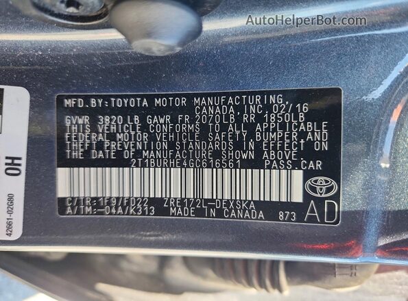 2T1BURHE4GC616561 2016 TOYOTA COROLLA Blue Вид підкапотного простору