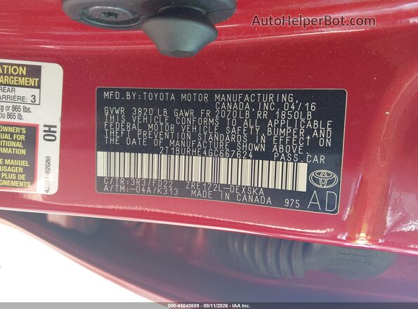 2T1BURHE4GC667624 2016 TOYOTA COROLLA Red Вид підкапотного простору