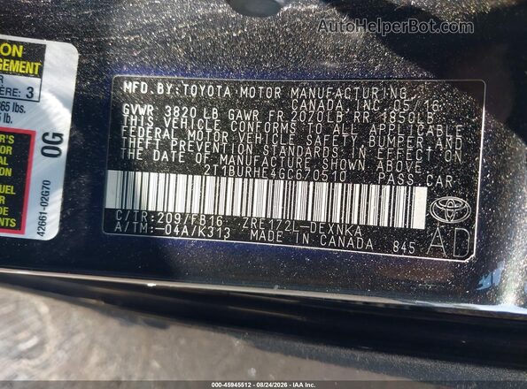 2T1BURHE4GC670510 2016 TOYOTA COROLLA Черный Вид подкапотного пространства