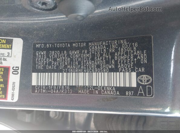 2T1BURHE4GC690580 2016 TOYOTA COROLLA Blue ძრავის განყოფილების ხედი