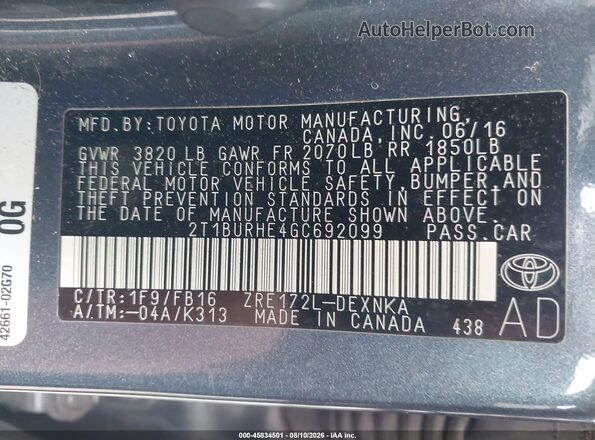 2T1BURHE4GC692099 2016 TOYOTA COROLLA Gray Շարժիչի բաժամունքի տեսք