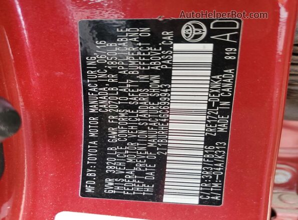 2T1BURHE4GC699943 2016 TOYOTA COROLLA Red Widok naklejki z numerem VIN