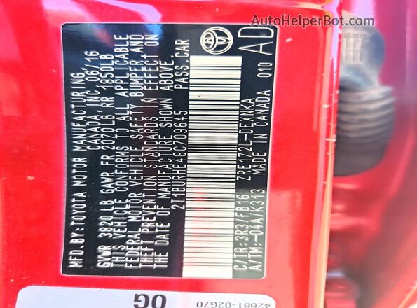 2T1BURHE4GC709645 2016 TOYOTA COROLLA Red Widok naklejki z numerem VIN