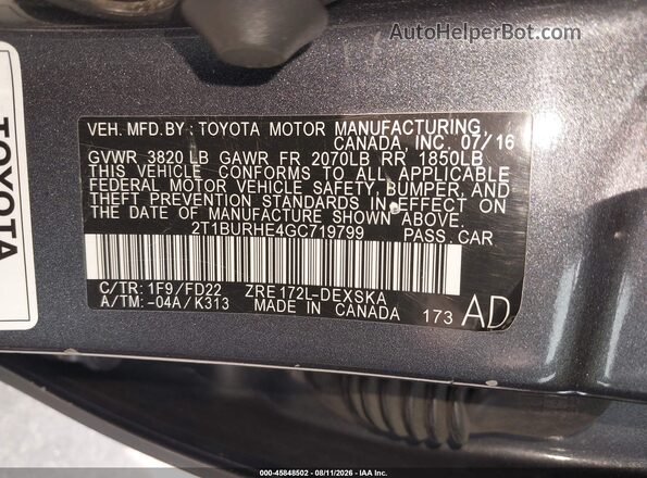 2T1BURHE4GC719799 2016 TOYOTA COROLLA Серый Вид подкапотного пространства