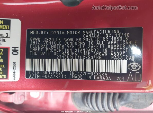 2T1BURHE4HC793466 2017 TOYOTA COROLLA Red Շարժիչի բաժամունքի տեսք