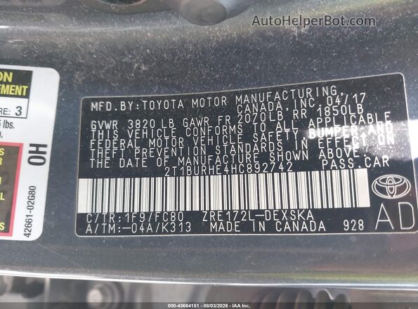 2T1BURHE4HC892742 2017 TOYOTA COROLLA Gray Widok komory silnika