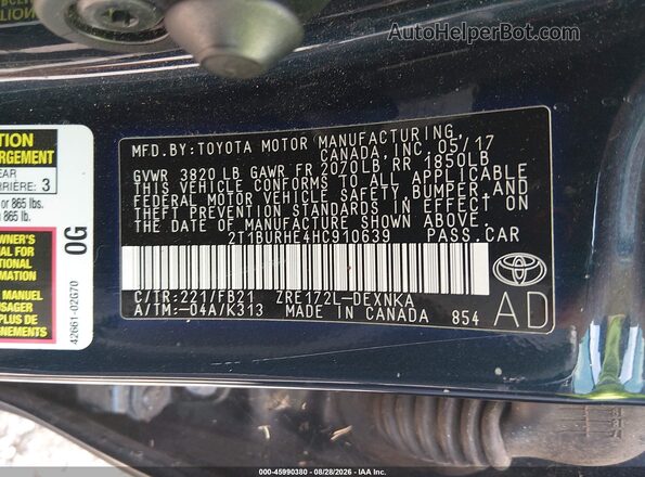 2T1BURHE4HC910639 2017 TOYOTA COROLLA Black Engine compartment view