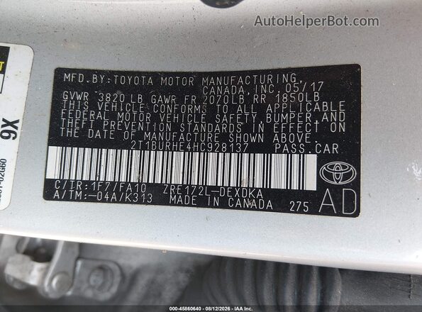 2T1BURHE4HC928137 2017 TOYOTA COROLLA Silver ძრავის განყოფილების ხედი