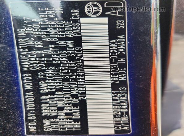 2T1BURHE4HC942409 2017 TOYOTA COROLLA Black Вид підкапотного простору