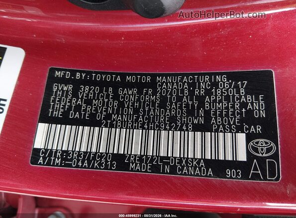 2T1BURHE4HC942748 2017 TOYOTA COROLLA Red Вид підкапотного простору