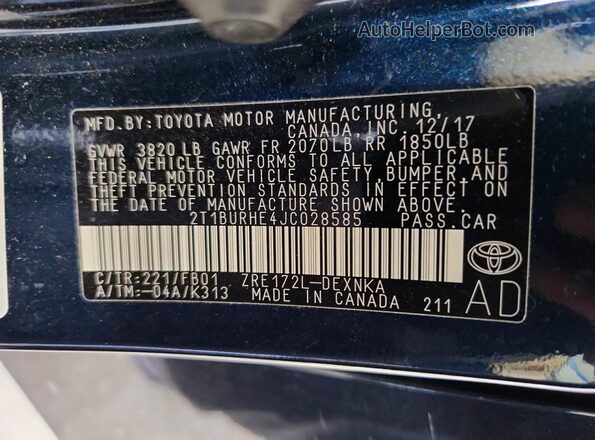 2T1BURHE4JC028585 2018 TOYOTA COROLLA Blue Widok komory silnika