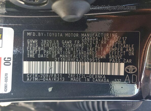 2T1BURHE4JC029915 2018 TOYOTA COROLLA Black Widok naklejki z numerem VIN