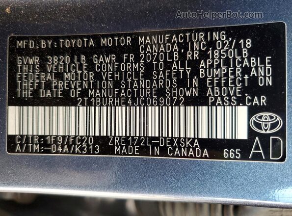 2T1BURHE4JC069072 2018 TOYOTA COROLLA Gray Engine compartment view