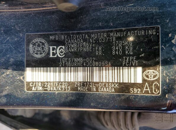2T1BURHE4JC082954 2018 TOYOTA COROLLA Black VIN კოდის სტიკერის ხედი