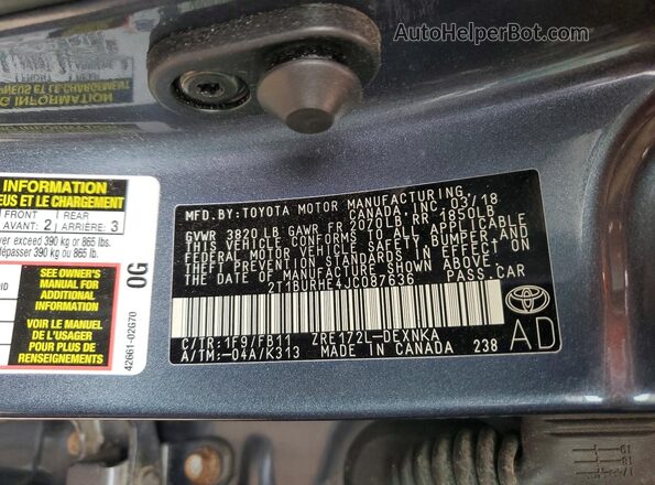 2T1BURHE4JC087636 2018 TOYOTA COROLLA Blue Вид наклейки з VIN-кодом