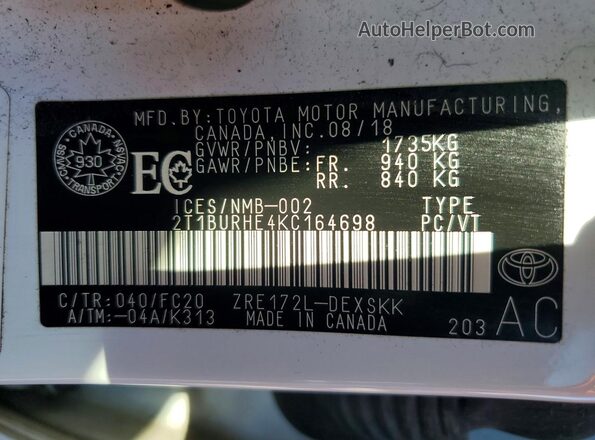 2T1BURHE4KC164698 2019 TOYOTA COROLLA White Вид підкапотного простору
