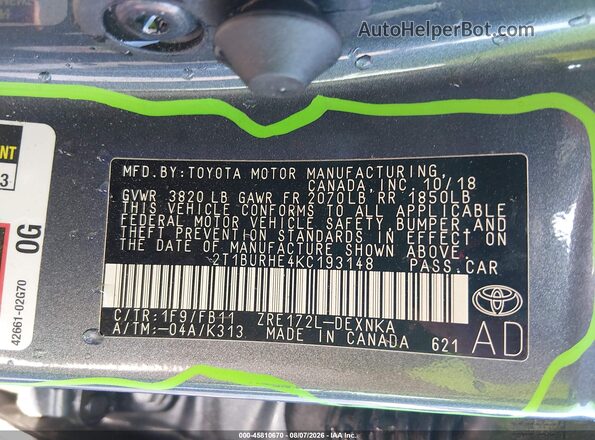 2T1BURHE4KC193148 2019 TOYOTA COROLLA Blue Engine compartment view