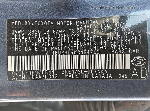 2T1BURHE4KC194753 2019 TOYOTA COROLLA Gray Вид підкапотного простору