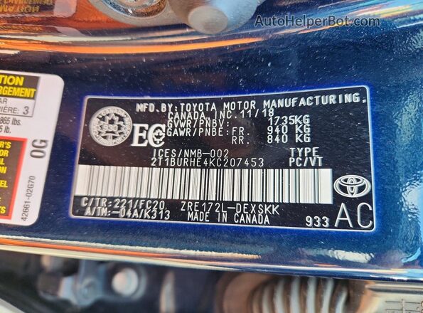 2T1BURHE4KC207453 2019 TOYOTA COROLLA Blue ძრავის განყოფილების ხედი