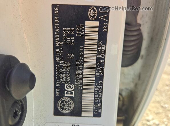 2T1BURHE4KC226519 2019 TOYOTA COROLLA White Вид підкапотного простору